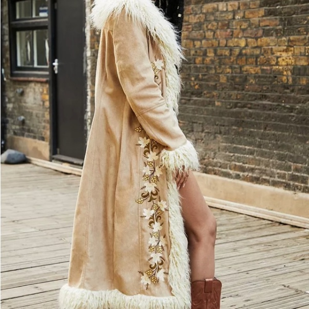Women's Tan Embroidered Afghan Style Coat with Faux Fur Trim (PENNY LANE / Y2K)